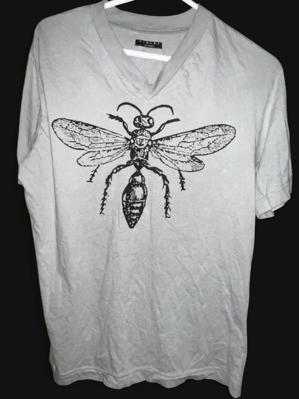 Y2K Sisley Italy Light Gray V-Neck Tee with Black Moth Wasp Print size M